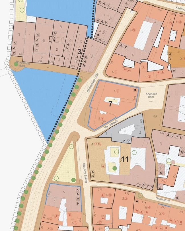 Zákres parku v regulačním plánu Anenské čtvrti, který je závaznou územně plánovací dokumentací